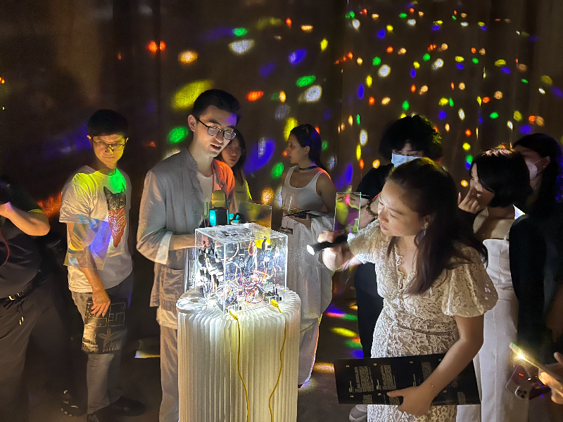 5 Visitors experience SUSTech students Yan Siyuan and Zhang Yijing's work 'Lumisonic Resonance' on Friday..jpg